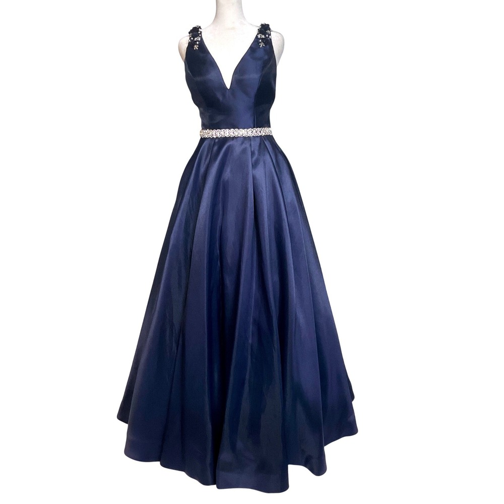 SHERRI HIL navy satin formal prom rhinestone belt dress A-line pageant gown 2